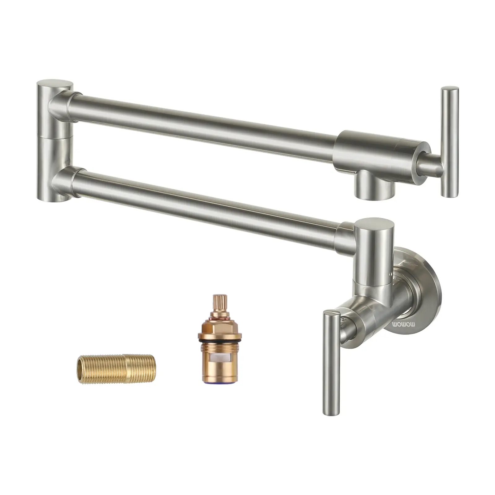 WOWOW Brushed Nickel Brass Pot Filler Faucet - Commercial Wall-Mount Over-Stove Faucet with Double Joint Swing Arms and Double Handle, Double Handle Faucet