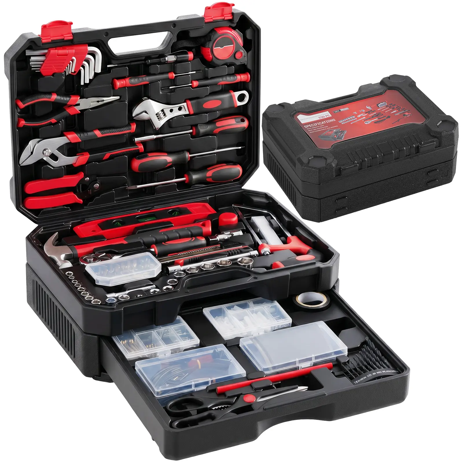 330 Piece Home Repair Tool Kit with Pull-Out Drawer, Carbon & Cr-V Steel Tool Box, Complete Homeowners Repair Kit for DIY & Auto Maintenance for Home