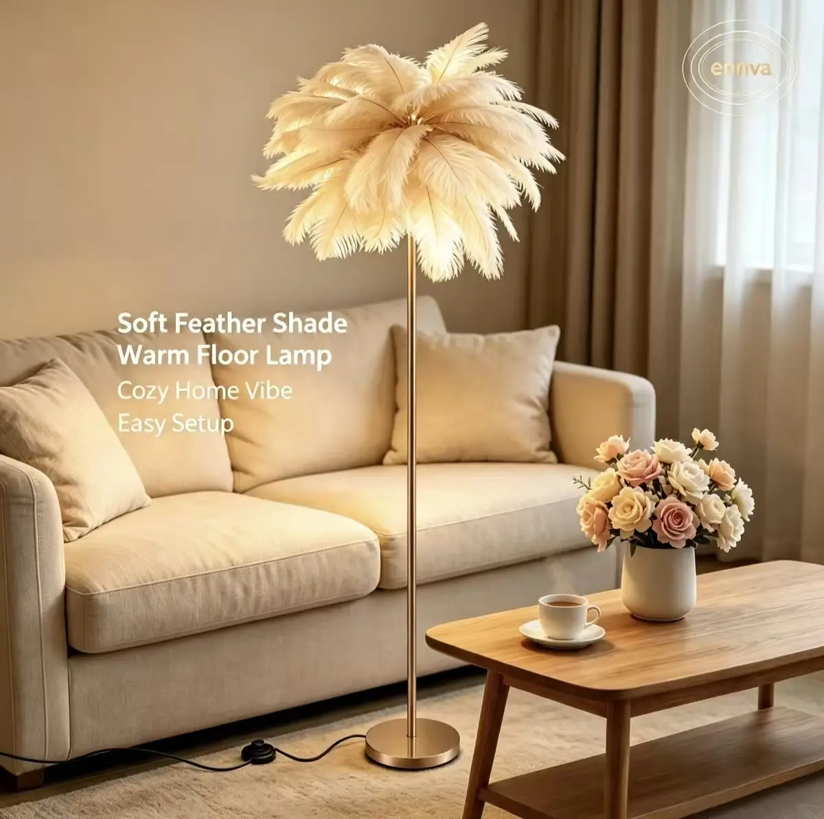 Ennva 63in Gold Fluffy Ostrich Feather Floor Lamp - 3-Color Temperature LED Modern Corner Light, Ambient Mood Bedroom Decor, Decorative Home Essentials, Ideal Housewarming Gift, Mood Lighting Home Decoration Lamp Boho Floor Lamp