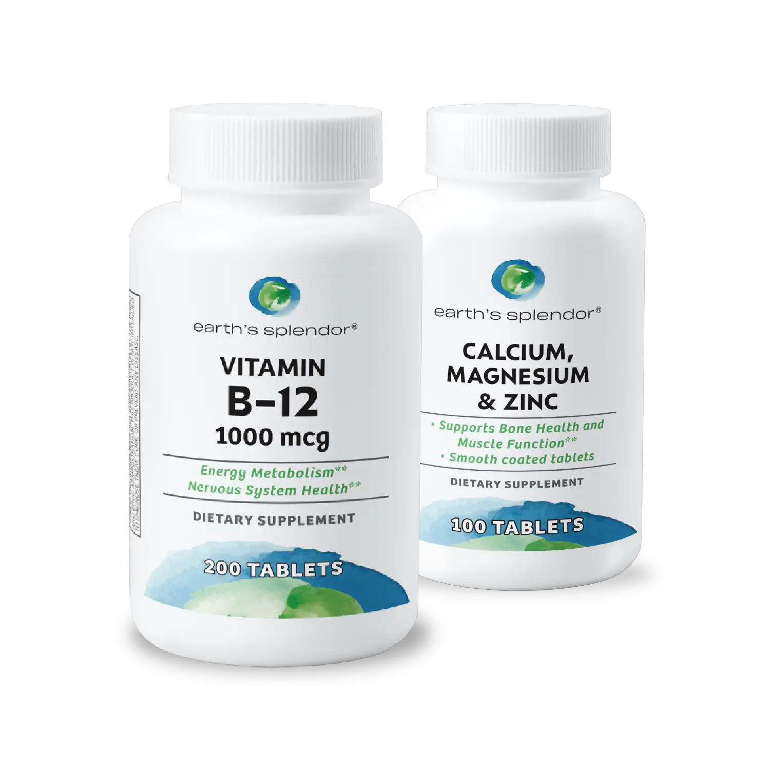 Energy + Metabolism & Bone Health Support Dietary Supplement Bundle - 1,000 mcg Vitamin B12 Tablets, Calcium-Magnesium-Zinc Tablets for Healthcare & Muscle Support