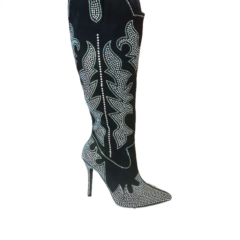 Elegant Women's Black Suede Stiletto Boots with Rhinestone Embellishments Unique Color Design