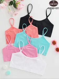 5-Piece Set Cute Girls' Comfortable Daily Strapless Tank Tops, Breathable Soft Single Layer Toddler Underwear, Casual Sporty Student Bra 7-16 Years Underwear Sets Camis