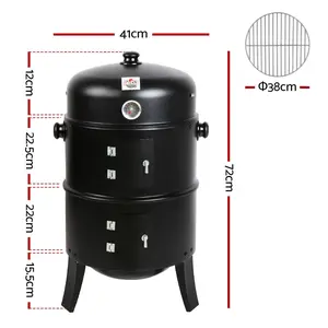 GRILLZ BBQ Grill 3-in-1 Charcoal Smoker 72cm Tall Heavy-Duty Steel Portable Grill & Roaster with Adjustable Vent and Water Pan for Moisture Retention
