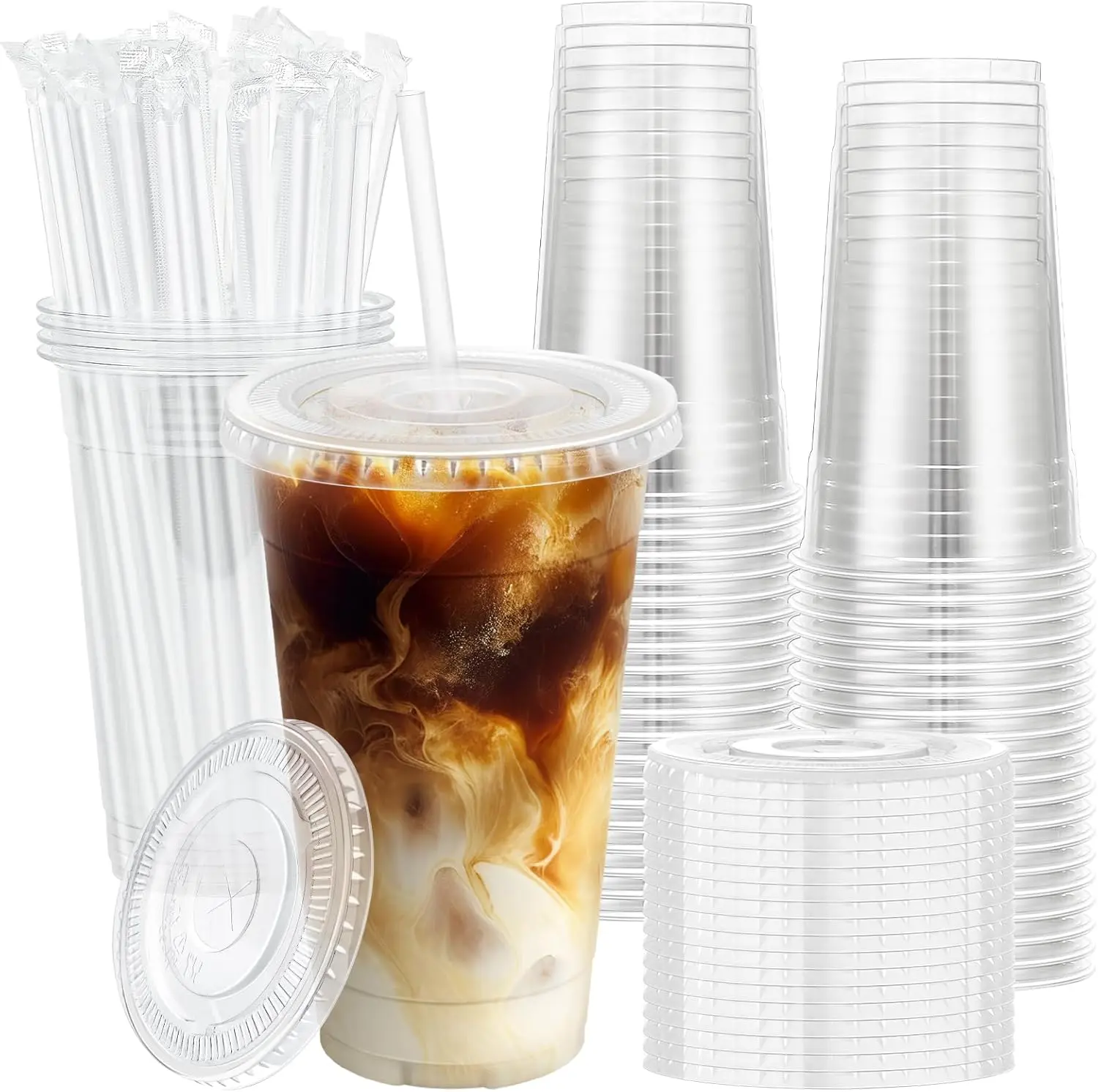 50 Sets 32 oz Clear Plastic Cups with Lids and Plastic Straws, BPA-Free To-Go Cups for Iced Coffee, Boba, Smoothies & Takeaway Drinks