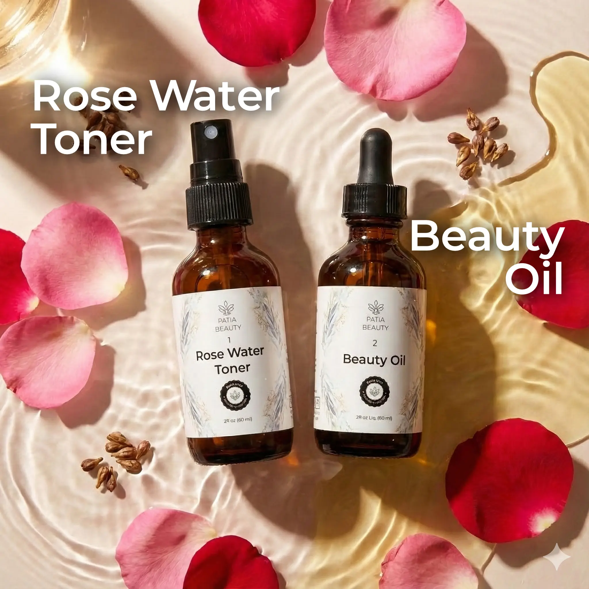 PÀTIA All Natural Organic Rose Water Toner & Beauty Oil Serums 2fl OZ Liquid Dual Set Vegan Non GMO - Skincare Comfort