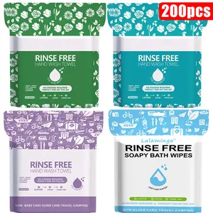 200 Pcs No-Rinse Disposable Bubble Bath Cleansing Towels. Rub with water to create foam, no rinsing required, clean your body anytime and anywhere. Suitable for swimming, fitness, travel, hiking, parties and gatherings. Size: 30*30cm, 25 pcs per pack.