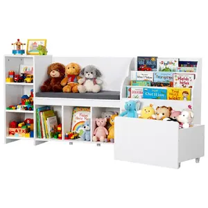VEVOR Kids Reading Nook, Wooden Storage Bench with Backrest, Kids Bookshelf Toy Organizer, Large Toy Box Chest for Playroom, Living Room Entryway, Easy Assembly, 66.9x 15.8x 31.5 in, White