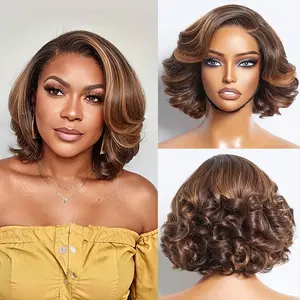 2025 Arrivals Wholesale Brown Ombre Highlight Bob Wig Human Hair Pre Cut Glueless HD Lace Closure Wigs 13x4 HD Lace Frontal Loose Wave Human Hair Bob Pixie Cut Wigs