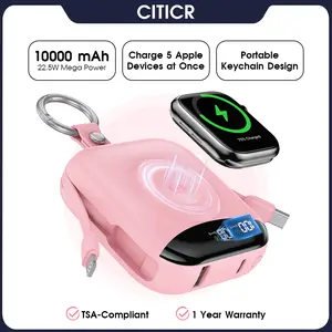 CITICR 10000mAh Portable Wireless Power Bank, 22.5W Fast Charging Mobile Accessory with Built-in Cables, LED Display, USB Ports for iPhone 11/10/9/8/7/6/SE/Ultra, iWatch, Smartphones & Devices (Father’s Day Gift)