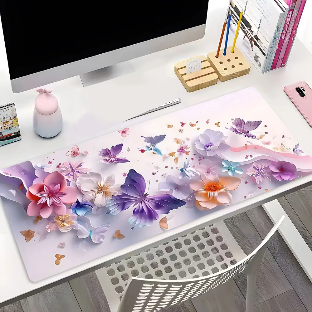 Pastel 3D Floral Butterfly Art Large Gaming Mouse Pad, Gaming Accessory, Aesthetic Desktop Decoration, Rubber Non-slip Lock Edge Work Pad, multi-size suitable for laptop, desktop games, work, good gift, Computer Mouse Pad