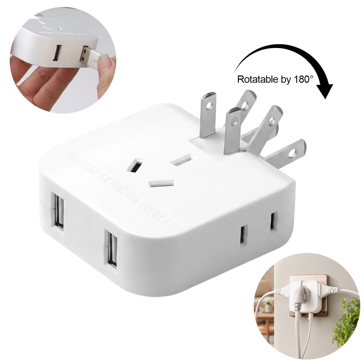 Portable Folding Wall Outlet Extender, Rotatable Compact Travel Power Adapter with Dual USB Charging Ports for Home, Dorm Room, Office and Travel