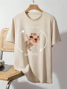 Men's Cat & Letter Print Round Neck Tee, Cute Regular Fit Casual Short Sleeve T-shirt, Men's Top for Daily Wear, Casual Style Tee