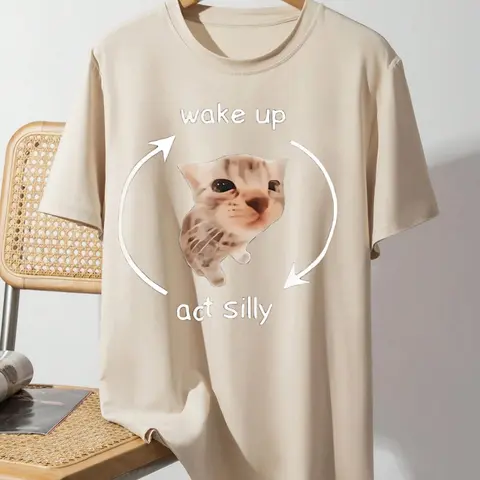 Men's Cat & Letter Print Round Neck Tee, Cute Regular Fit Casual Short Sleeve T-shirt, Men's Top for Daily Wear, Casual Style Tee