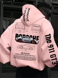Men's Porsche Print Hoodie, Loose Casual Street Long Sleeve Hooded Sweatshirt for Fall & Winter, Men's Top for Daily Wear, Pullover