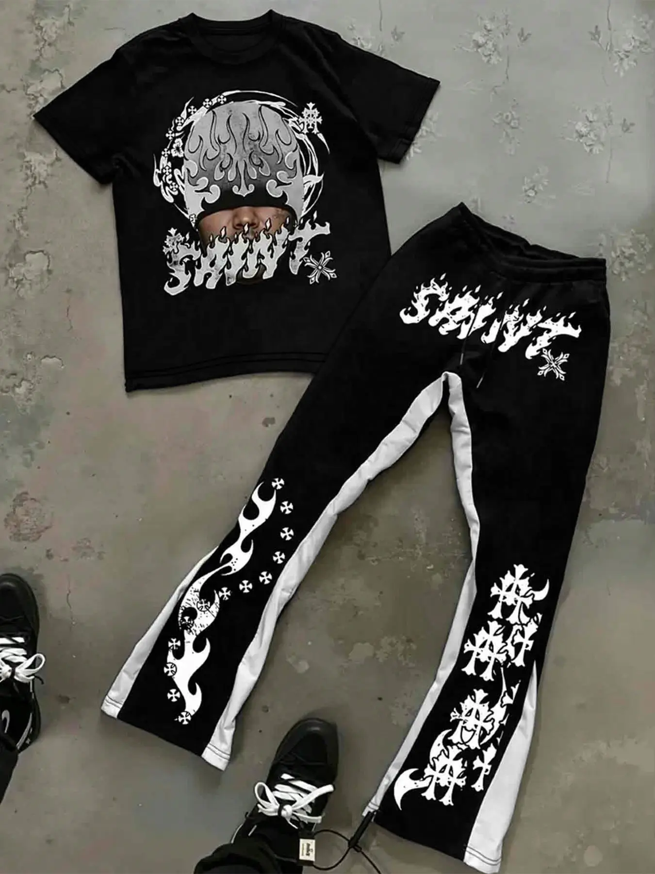 Unisex Loose Short Sleeve Long Pants Set, Athleisure Outfits, Cross Flame Letter Street Style, Athleisure Street Fit, Casual Activewear Set Sportswear for All Seasons, Casual Sportswear Outfit
