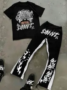 Unisex Loose Short Sleeve Long Pants Set, Cross Flame Letter Street Style, Athleisure Street Fit, Fashionable Casual Sportswear for All Seasons