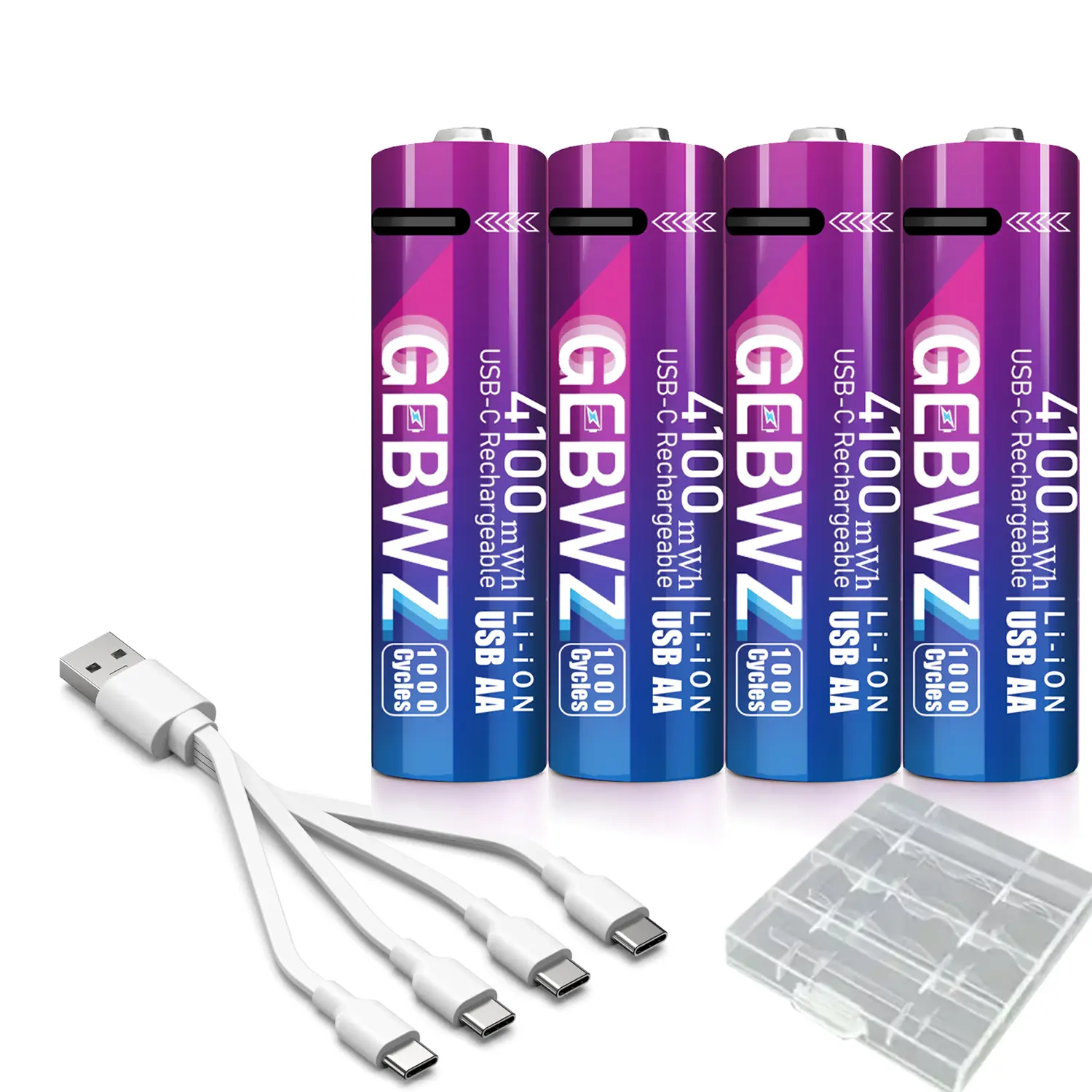 GEBWZ 4100mWh USB-C Rechargeable AA Li-ion Batteries – Lithium-ion AA Battery 4 Pack, 1.0–1.5V Adaptive Output, High Output Battery, USB C AA Batteries for Blink Camera, Remotes, Toys, Flashlights, High Capacity Battery