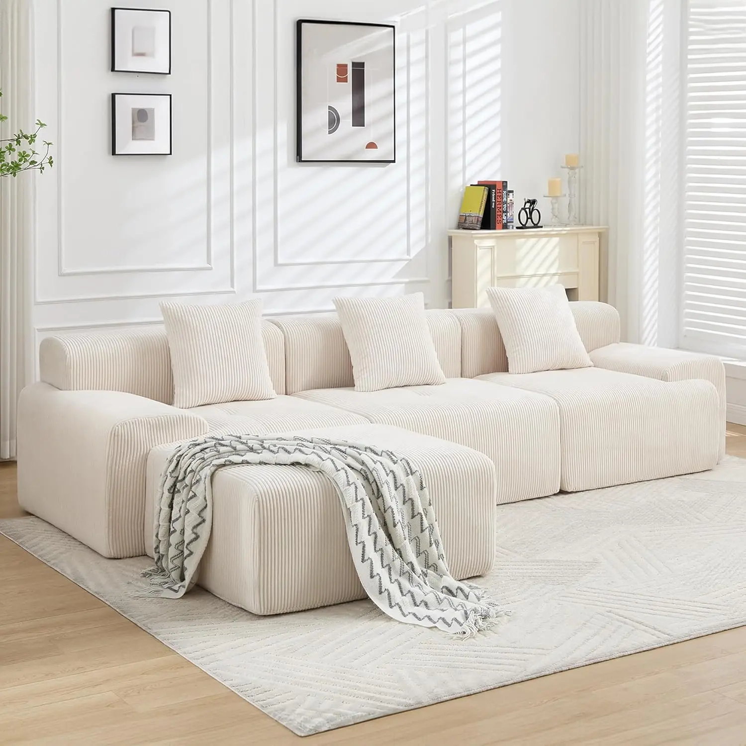 Vomena 118" L-Shaped Modular Reconfigurable Cloud Couch, 3-Seater Corduroy Upholstered Sofa with Chaise, 27.8" Deep Seats, 3D High-Resilience Sponge, 72h Fluffy Foam, Durable Indoor Furniture for Living Room, Bedroom, Modular Reconfigure