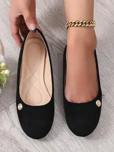 Women's Round Toe Flat Walking Shoes, Metal Decoration, One-Step Design, Casual Outdoors, Office Wear, Shopping, Versatile Fashion Sneakers, Slip On Flats, Casual Trendy Flat
