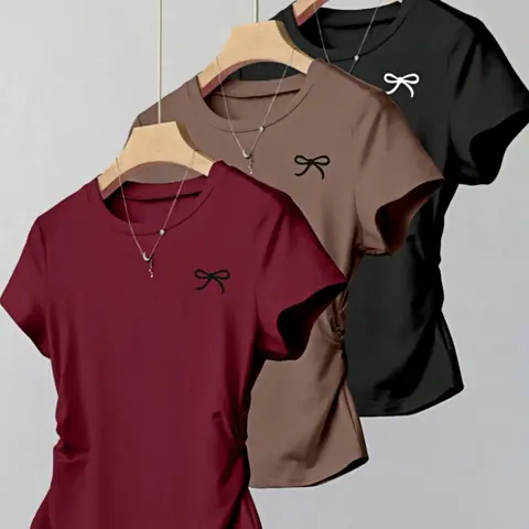 Women's Solid Color Embroidery Tee, Casual Chic Minimalist Short Sleeve Round Neck Fitted T-shirt for Summer, Ladies Clothes for Daily Wear, Top, Womenswear, Casual Summer Tees, Casual Tops