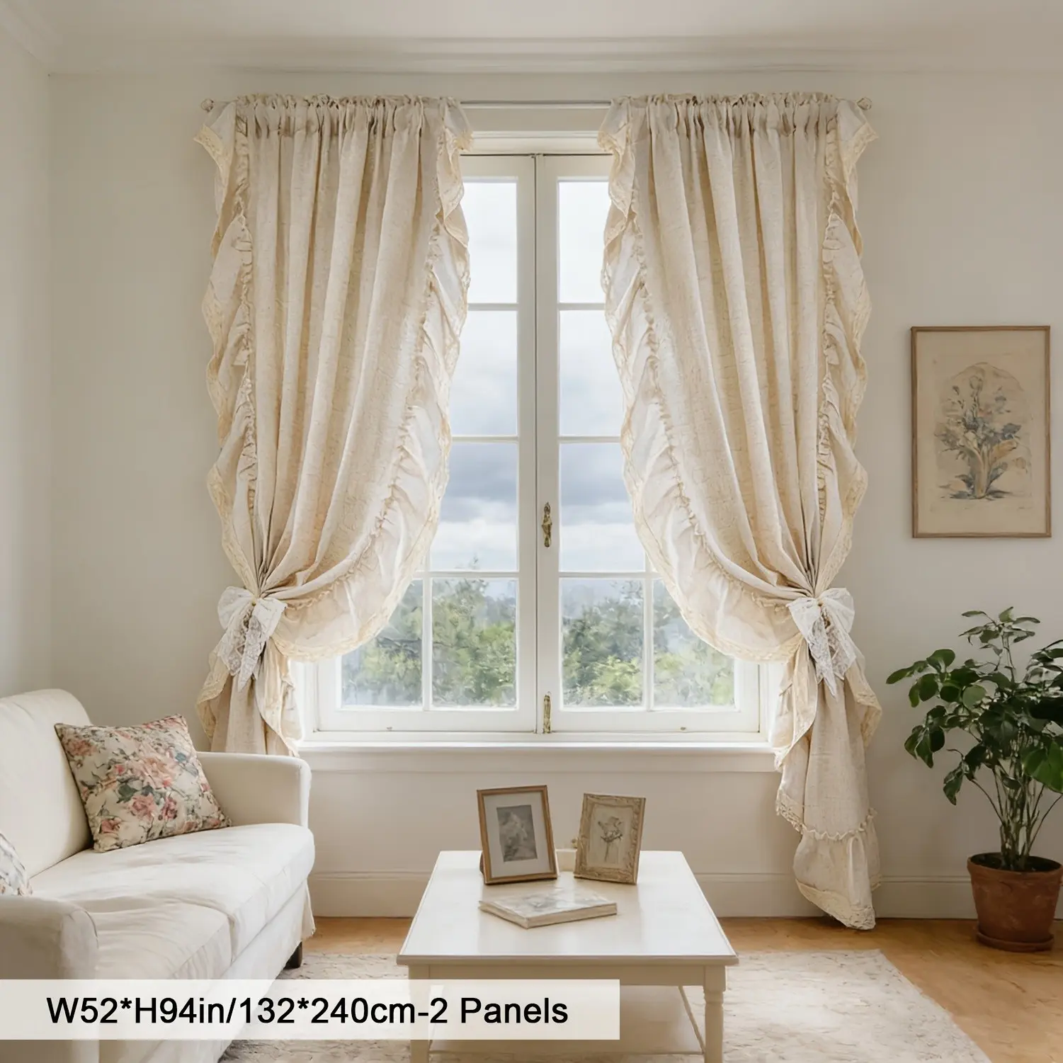 2pc Coffee Curtains, British Style, French Rococo Princess Design, Embroidered Floral Pattern, Ruffled Edge, Garden Balcony Curtain, Window Curtain, Korean Divider Half Curtain, Home Decorative Curtain, Home Decoration Curtain