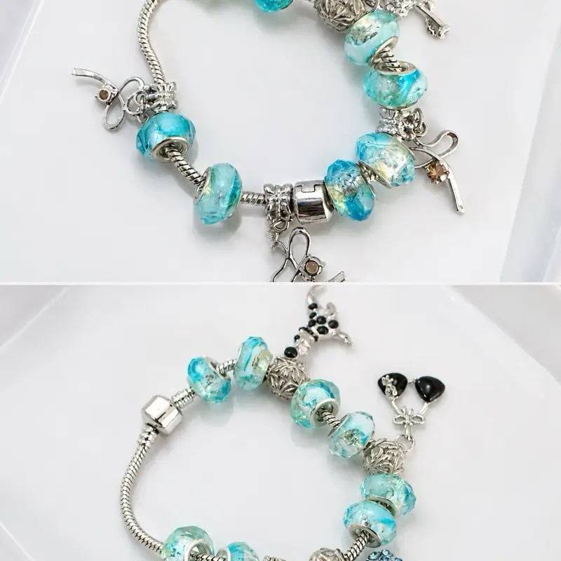 Blue Charm Bracelet-7.5” Silver-Tone European Style Bracelet with Aqua Glass Beads & Dangle Charms