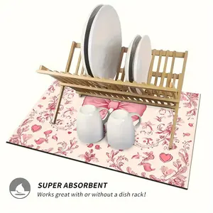 1pc Romantic Pink Bow and Floral Print Kitchen Counter Drying Mat - Polyester, Absorbent, Heat-Resistant Pad for Dish Rack, Coffee Machines, Microwaves |   Ideal for Valentine's Day Decor