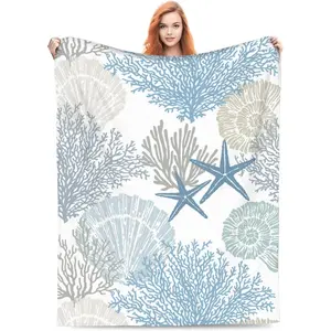 Nautical Coastal Blanket Starfish Seashell Coral Beach Themed Throw Blankets Gifts for Adults Sea Ocean Theme Lightweight Soft Fleece Cozy for Sofa Couch Bed Room Birthday Decor