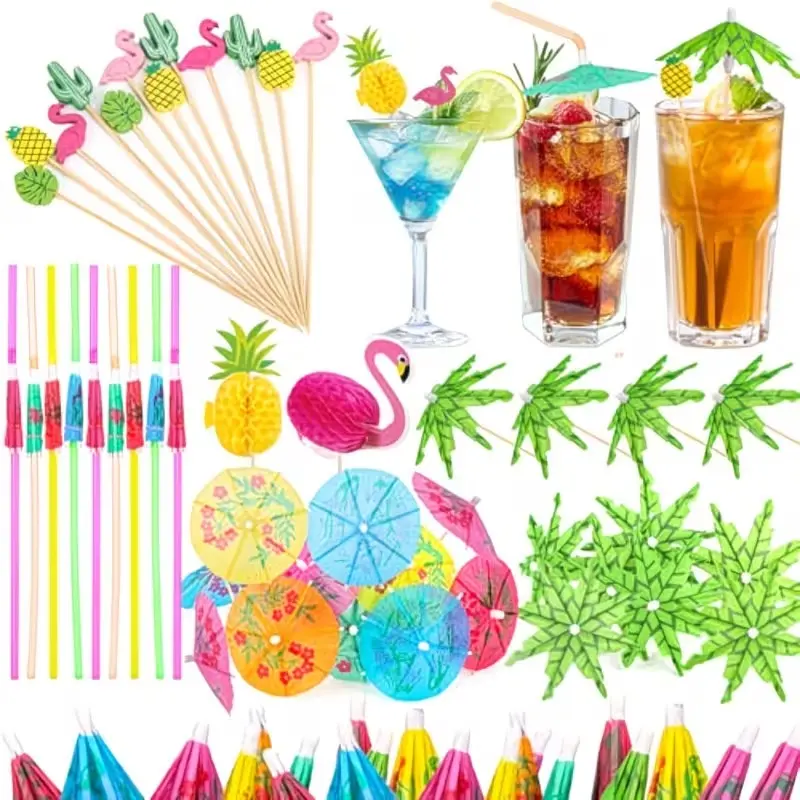 180PCS Bamboo Cocktail Drink Accessories Set - Assorted Styles Mini Umbrellas, Straws, Toothpicks, Decorative Sticks for Tiki Bar, Aloha Tropical Hawaiian Luau Party Decorations campingessentials