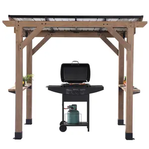 6'x8' Grill Gazebo of Cedar Wood, Wooden Grill Gazebos for Outdoor, Patio Hardtop Grill Pergola for BBQ, Cedar Barbeque Shelter with Metal Roof