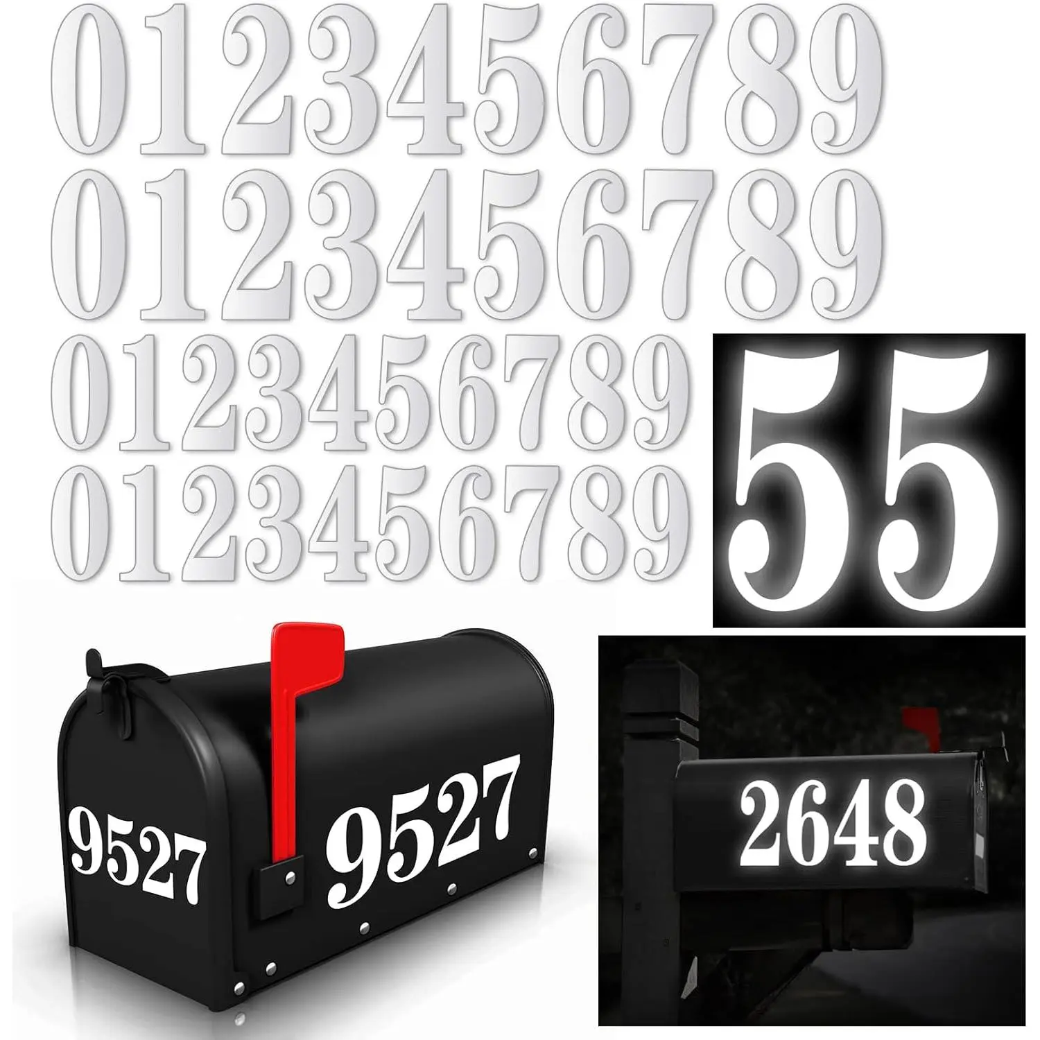 Self Adhesive Number Stickers, White Vinyl 60-Count Multi-Size Labels - 3 in (8 Sets), 4 in (2 Sets), 0-9 Digits, for Outdoor Mailboxes, Address Marking, Easy Application, Visible for Postman, Driver