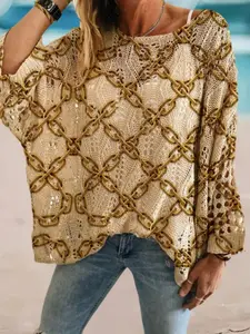 Elegant Women's Chain Print Long Sleeve Knit Top, Vacation Batwing Sleeve Sweater, Loose-Fitting Knitted Shirt