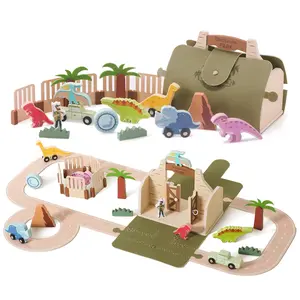 Wooden Dinosaur Train Set Toys for Toddlers Themed Dinosaur Toys for Kids Age 3+ Portable Dinosaur Set Toys with Expandable Felt Track for Kids Boys and Girls Gift Mothers Day Gift Summervibes