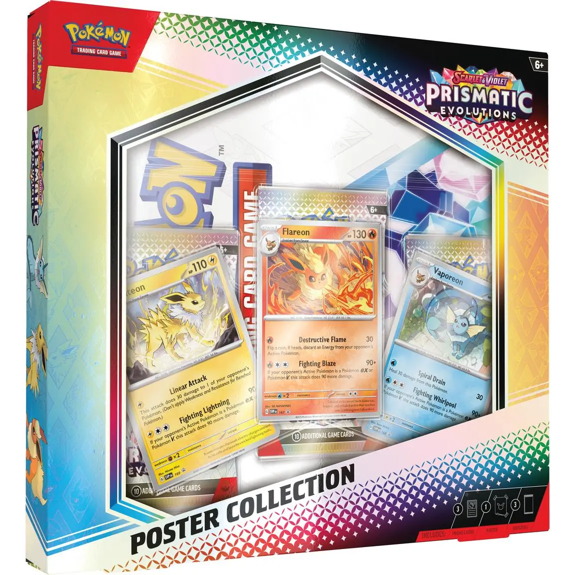Pokémon Scarlet & Violet Prismatic Evolutions Poster Collection with 3 Foil Promo Cards Featuring Flareon, Vaporeon, & Jolteon & 3 Booster Packs