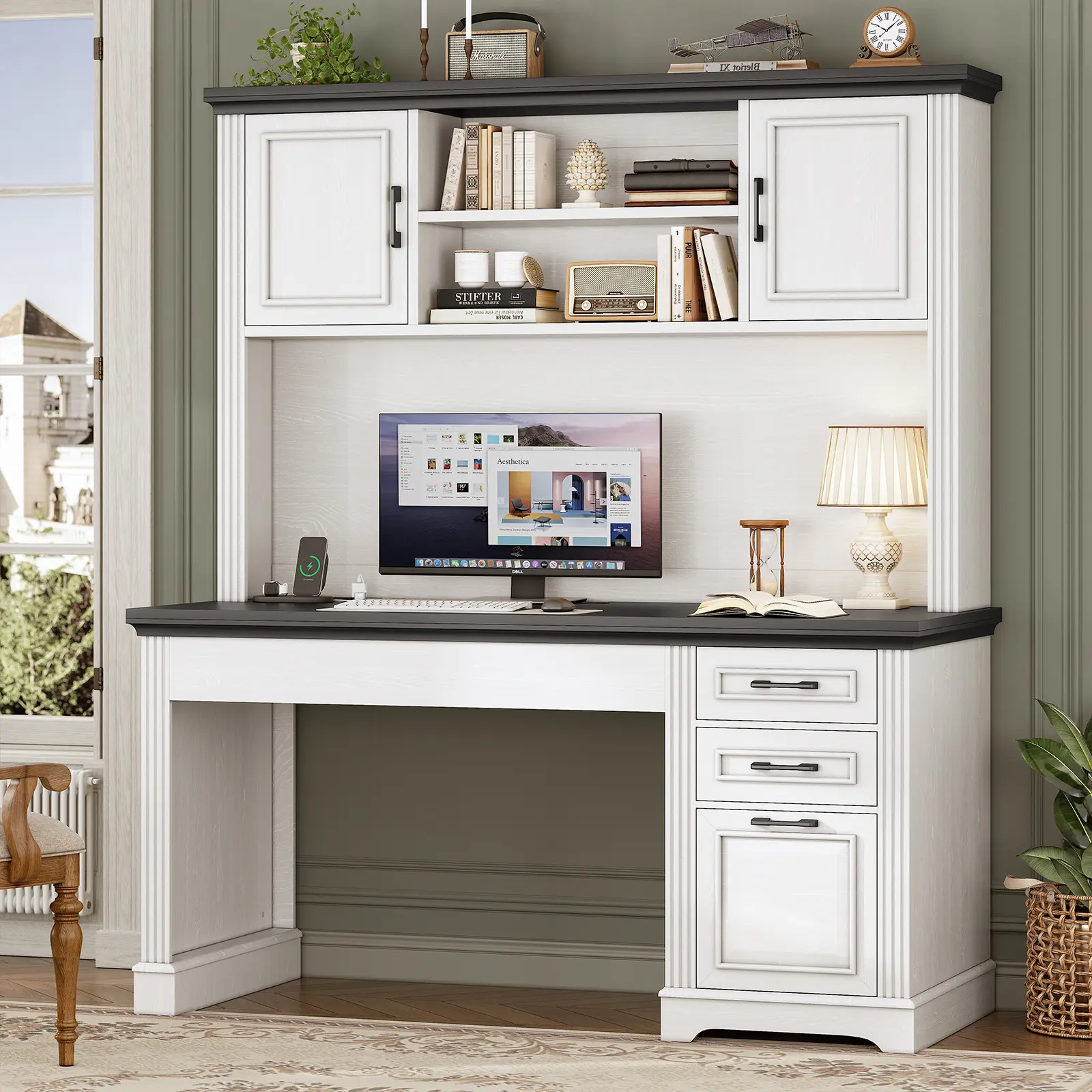 Sedeta 47.2-in Wood-Metal Rectangular Top Executive Desk - 3-Drawer Modern Luxury Built-in Outlets Large Desk, Organizer for Office Computer Use, Built-In Outlets Desks, Large Desks