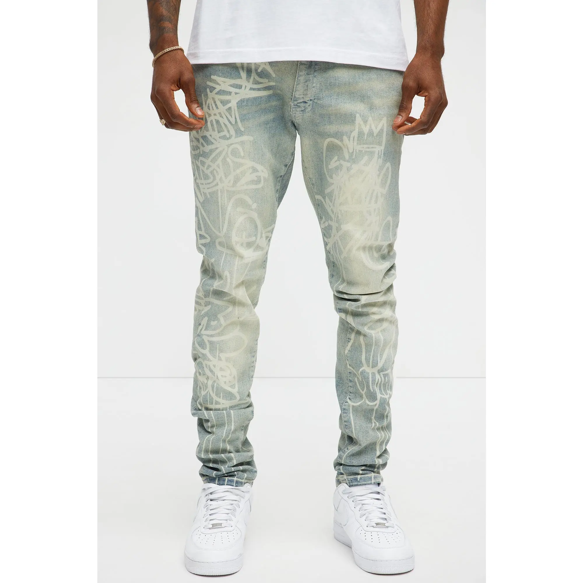Graffiti Art Stacked Skinny Jeans - Light Wash
