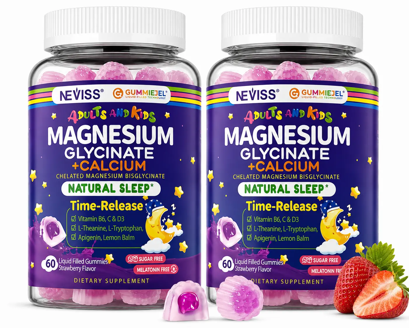 Neviss Magnesium Glycinate + Calcium Filled Gummies for Adults and Kids 4+, Kids Sleep Gummies Melatonin Free, Sugar Free Magnesium Supplement with B6 D3, L-Theanine for Zzz & Relax, Brain,Bone,Muscle  2 PACK