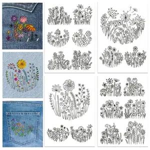 Flower Pattern Embroidery Stabilizer Paper, 4 Sheets Water Soluble Hand Sewing Stabilizer for Fabric, Dandelion Daisy Embroidery Stitch Paper, Floral Embroidery Design