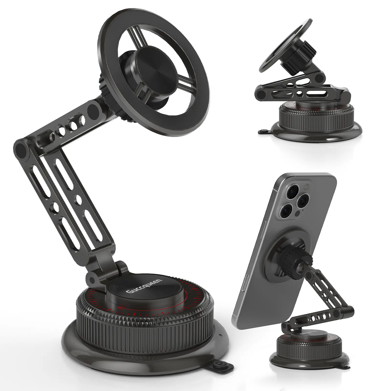 Guccqueen Alloy Dual-Arm Magnetic Car Phone Mount, Repositionable Vacuum Suction Base with Residue-Free Adhesive Gel, Stable Support for Safer Driving