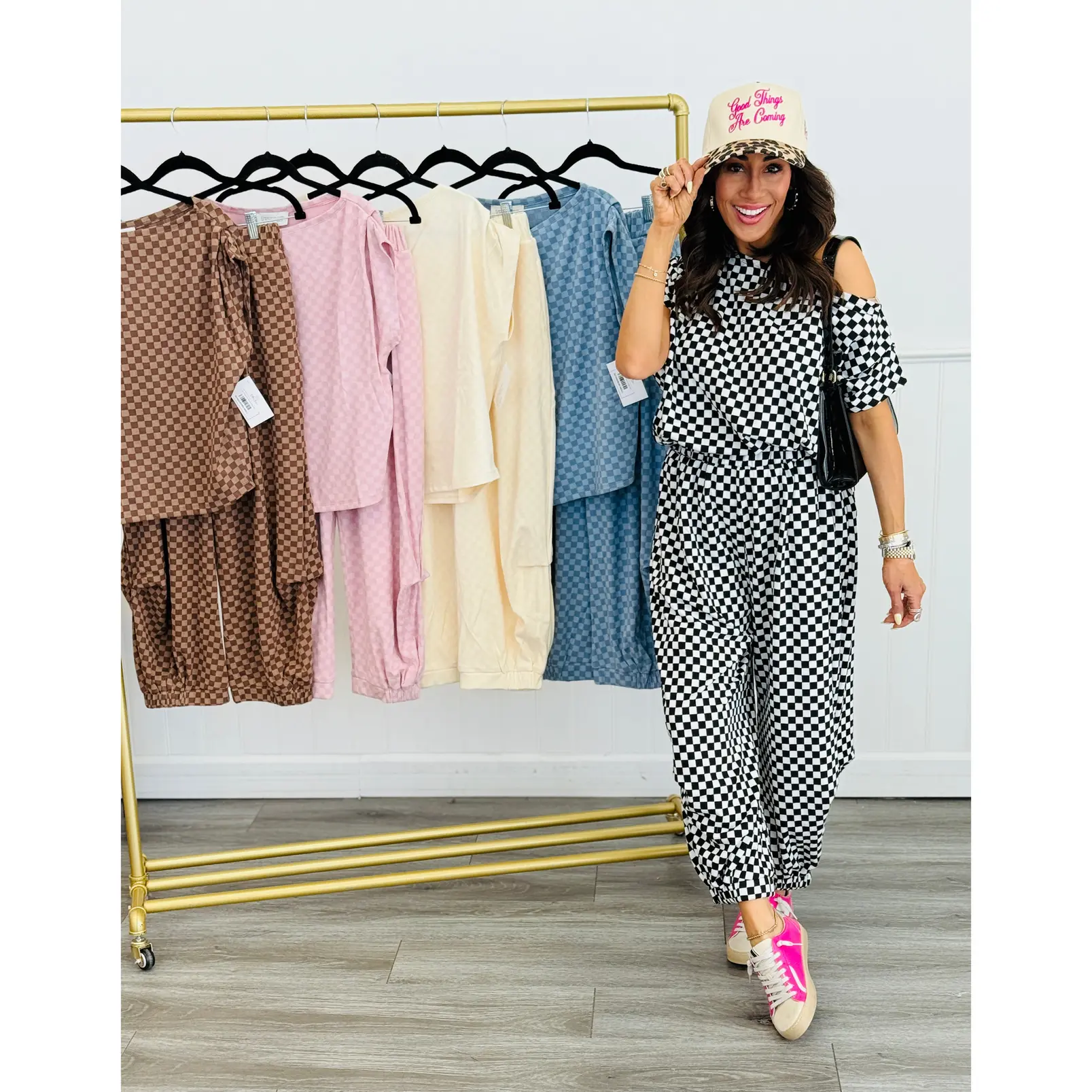 French Terry Checkered Top & Pant Set (Reg)-5 Colors
