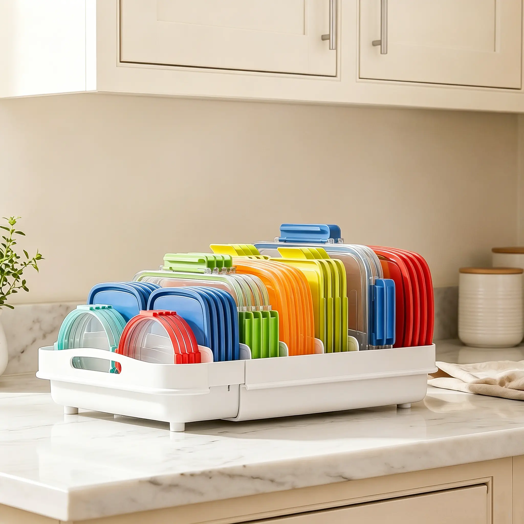 EVERIE Expandable Plastic Rectangle Kitchen Storage Organizer Rack - Adjustable Shelf, 8 Removable Dividers, Tool-Free Setup, Built-In Handle, Clean White Finish, Deep 12" Cabinet Fit, Expands 13.4"-20.5", Holds 9" Lids Upright, Small Kitchen Solution, De
