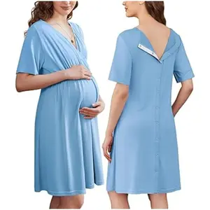 Labor and Delivery Gown for Hospital Short Sleeve Maternity Nursing Dress Nightgown with Button S-XXL