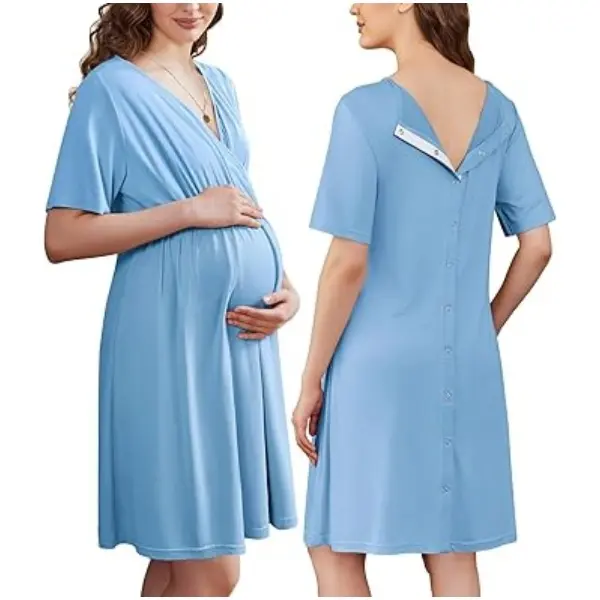 Women's Short Sleeve Labor and Delivery Hospital Gown, Maternity Dresses with Buttons, Nursing Nightgown (Sizes S-XXL)