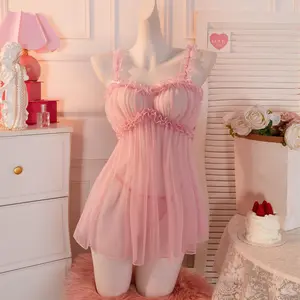 AESKEIA Pink Solid Color Lace Spliced Semi-Sheer Dress and Thong Set See-Through Lingerie Doll Outfit Couples Valentine's Day Gift Pajama Set Date Surprise