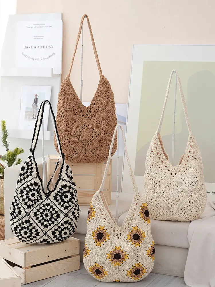 Handmade Hollow Out Crochet Hobo Shoulder Tote Bag, Bohemian Floral Knitted Lined Handbag, Large Capacity Lightweight Woven Crossbody Bag, Casual Fashion Shopper Bag Suitable For Beach Travel, Holiday Vacation And Daily Outdoor Activities