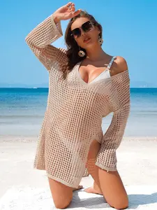 Charmo Swimsuit Cover Up Women Crochet Tops Side Split Swim Bikini sleeve Bathing Suit Beach Coverups Loose Fit Swimwear Dress hollow out vacation essentials