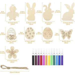 36PCS DIY Blank Unfinished Wood Easter Ornaments to Paint, 9 Styles Wood Cutouts for Craft Hanging Decorations (Egg, Rabbit, Butterfly, Flower, Hen)