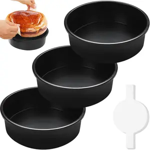 3-Piece 8-in Round Carbon Steel Cake Tin Set, Nonstick Non-Toxic Baking Pans, 110-Piece Parchment Paper Included, Dishwasher Safe