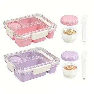 Adult Bento Box Meal Prep Container, 4 Compartment Lunch Box with Leak-Proof Sauce Cup & Fork, 32oz Portable Lunch Container for Work, Office & Travel, BPA Free Reusable Food Storage (Pink & Purple)