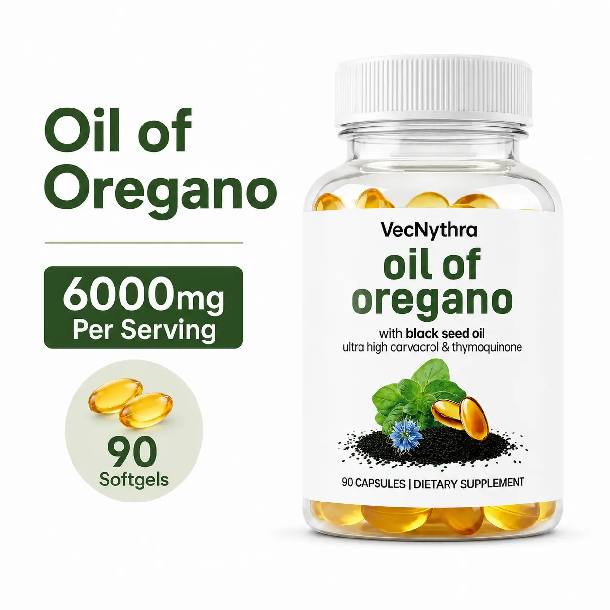 VecNythra Oil of Oregano with Black Seed Oil, 6000mg Per Serving, 20:1 Oregano Extract, Immune Support, Antioxidant, Digestive Health, 90 Softgels